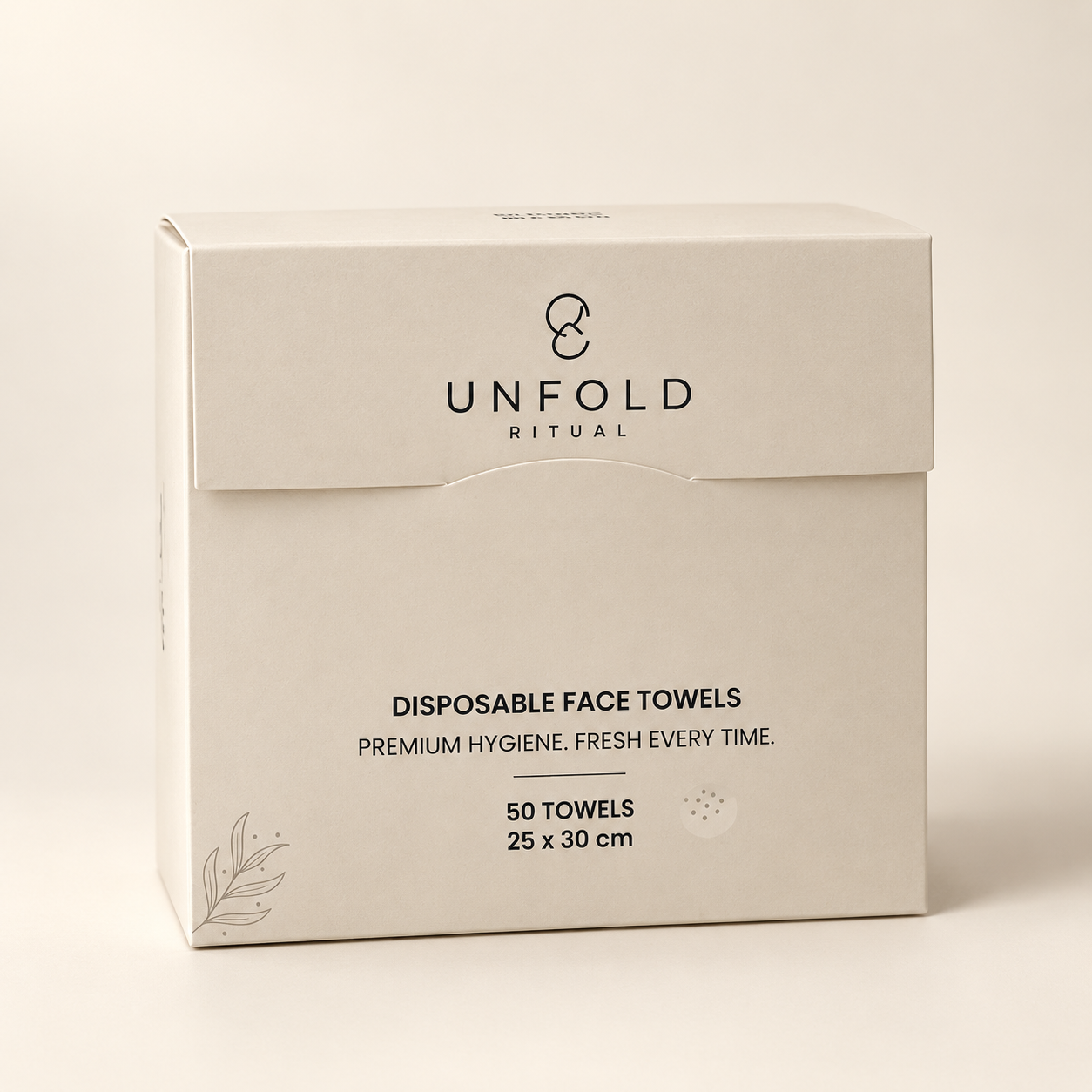 Studio front view of the UNFOLD RITUAL disposable face towel box
