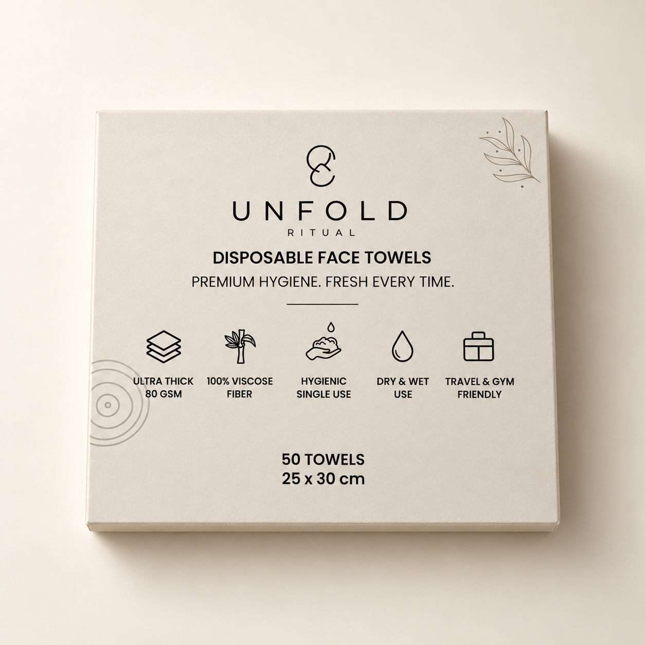 Studio packaging detail view of the UNFOLD RITUAL disposable face towel box